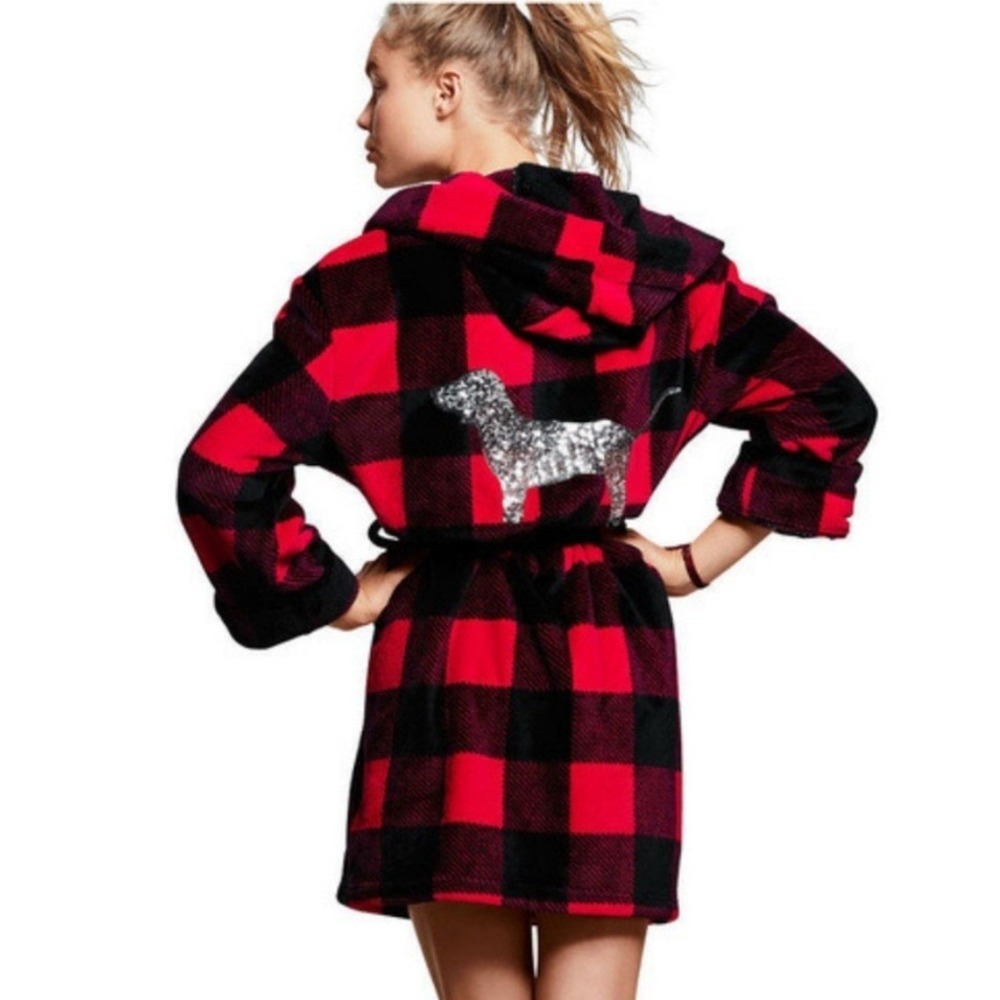 Victoria's Secret PINK Women's Red Buffalo Plaid Fleece Robe Bling Dog Size XS/S